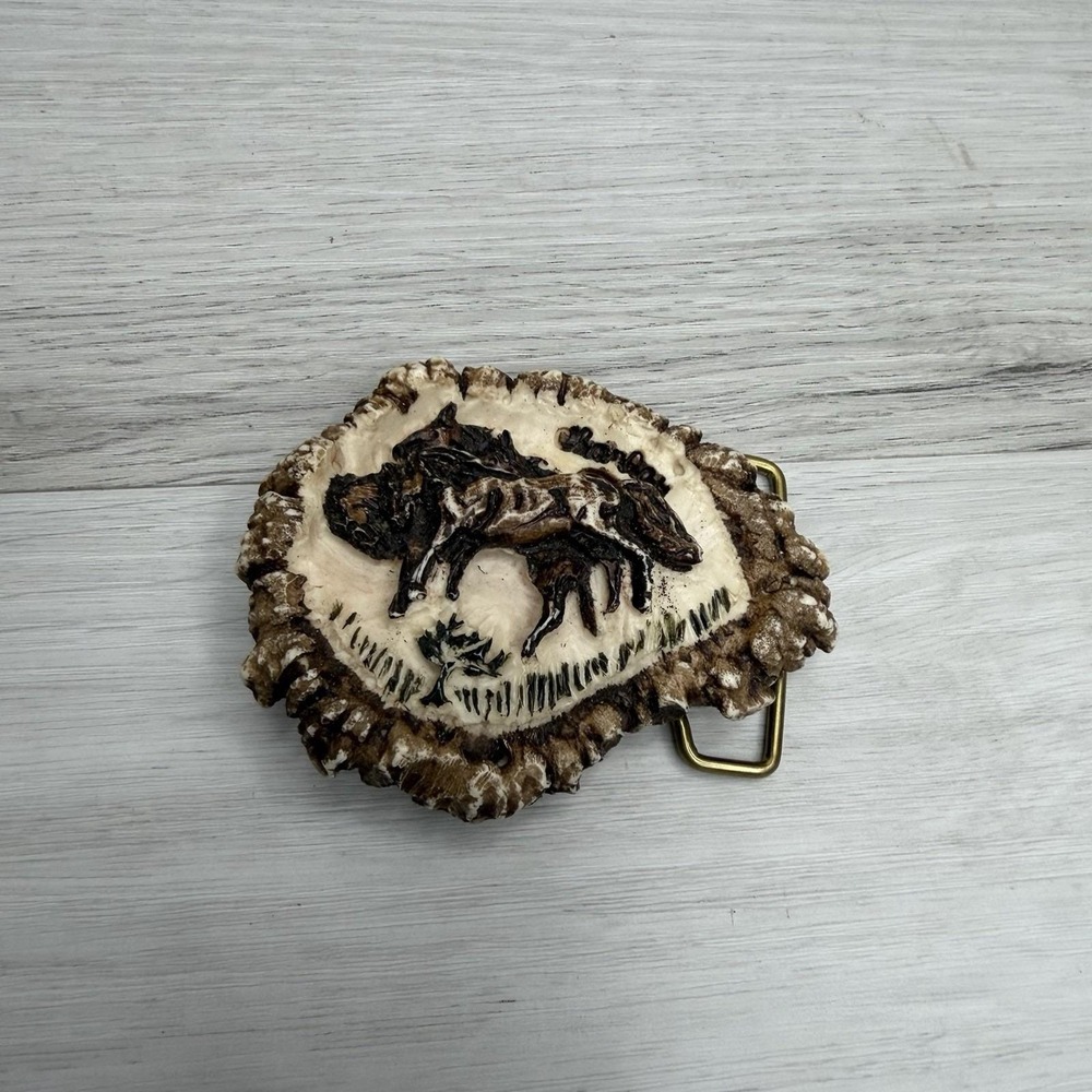 Belt Buckle Antler Slice Handmade Bronco Bucking Horse Western Cowboy Brass